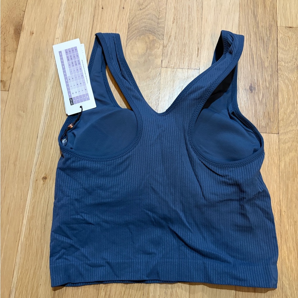 Women's Blue Ribbed workout top with Sports Bra - Picture 2 of 6